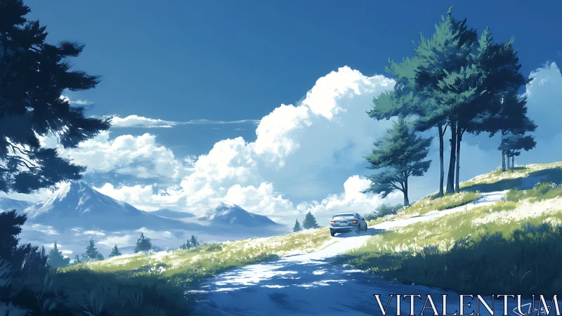 Skyward road trip under daydream clouds and mountain hush.