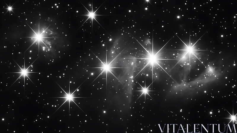 Stellar cluster in monochrome space dust with sharp flares.