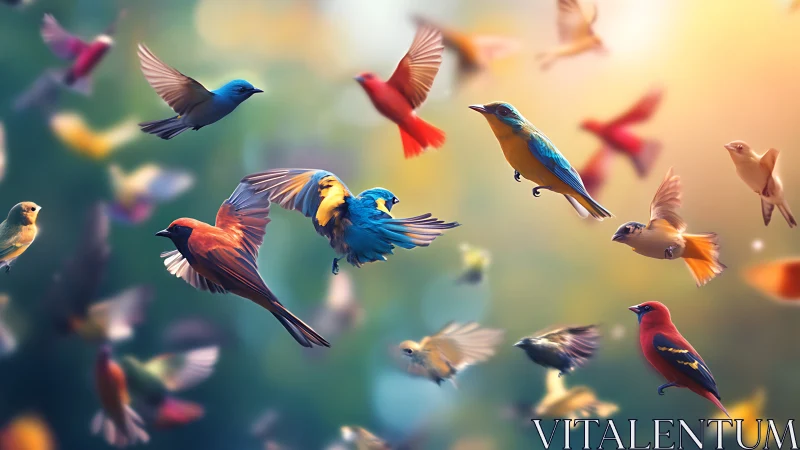 Colorful songbirds in flight, dreamy artistic style, vibrant background.