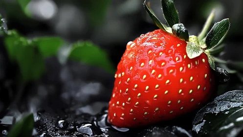 Juicy garden strawberry resting on cool, rain kissed soil.