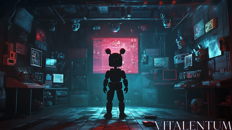 Animatronic silhouette dominates neon surveillance bunker.