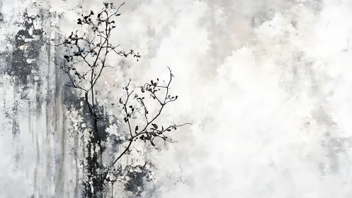 Minimalist abstract painting with delicate black branches on textured white background.