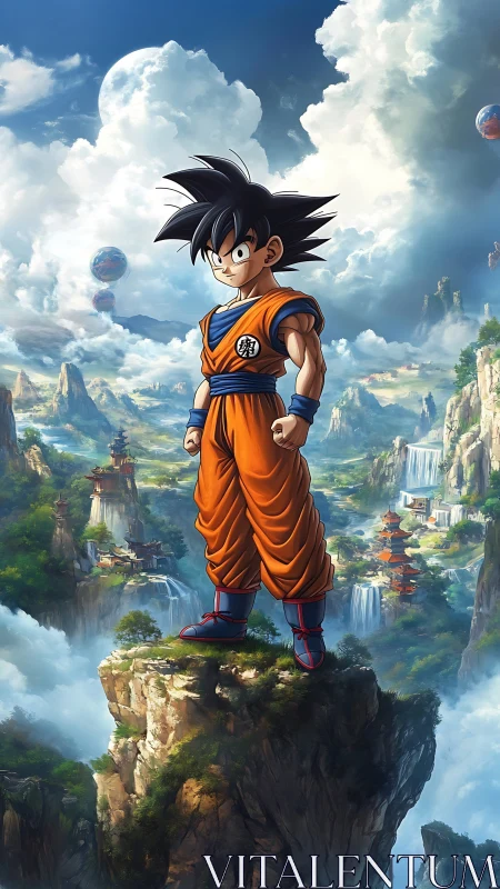 Sky-peak warrior kid overlooking temples and waterfalls.