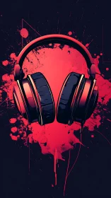 Bold red headphones float over splattered paint energy