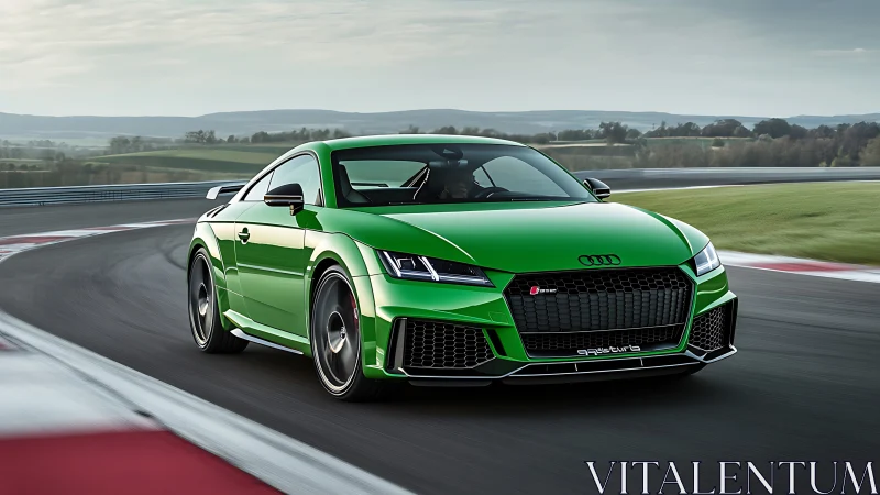 Green Audi sports coupe powers through sweeping racetrack corner.