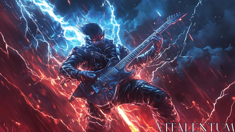 Electric guitarist amid red-blue lightning energy field.