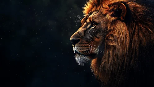 Golden-maned lion watching the quiet night in peace.