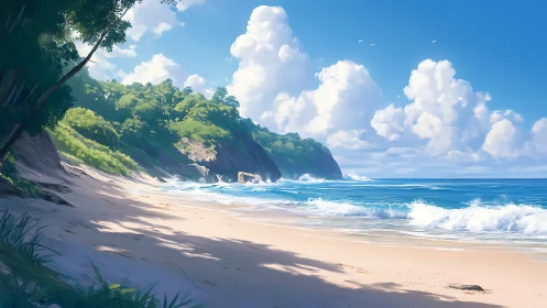 Serene Tropical Beach with Lush Cliffs and Turquoise Waves