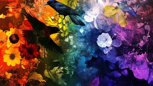 Radiant birds and blossoms across a shifting color spectrum.