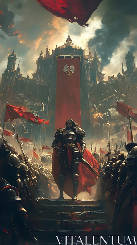 Crimson banners over a steadfast knight before the citadel.