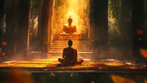 Monk in saffron meditating before luminous Buddha statue.
