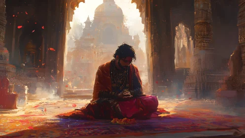 Solitary robed figure sits in ornate temple interior at dawn