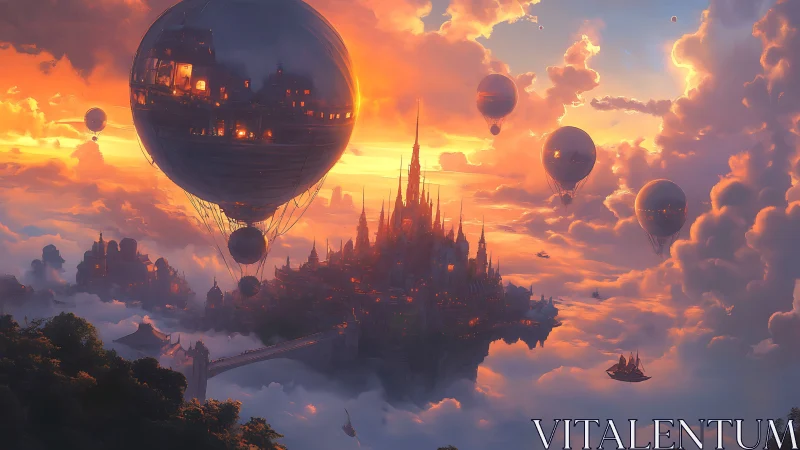 Skyborne castle city glows warmly among drifting sunset clouds