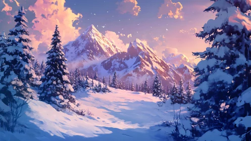 Snow-dusted pines applaud a blazing pastel mountain sunrise