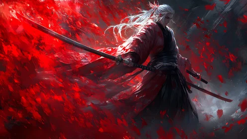 Dynamic katana stance cuts through radial red particle vortex