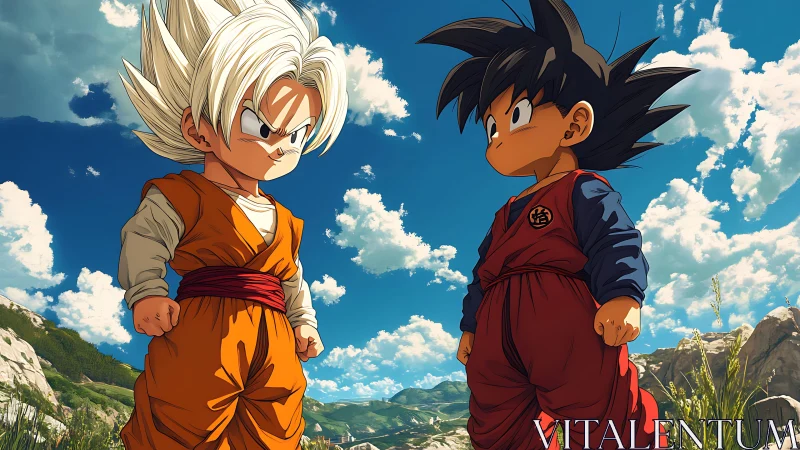 Two anime children in martial arts attire outdoors under sky.