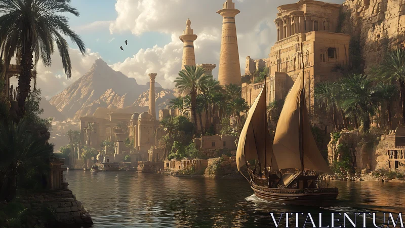 Sunlit river journey through an ancient desert oasis city.