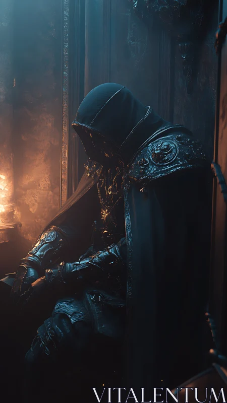 Hooded knight resting beside emberlit chamber door.