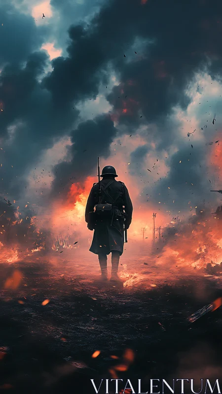 Lone soldier walking through burning battlefield scene.