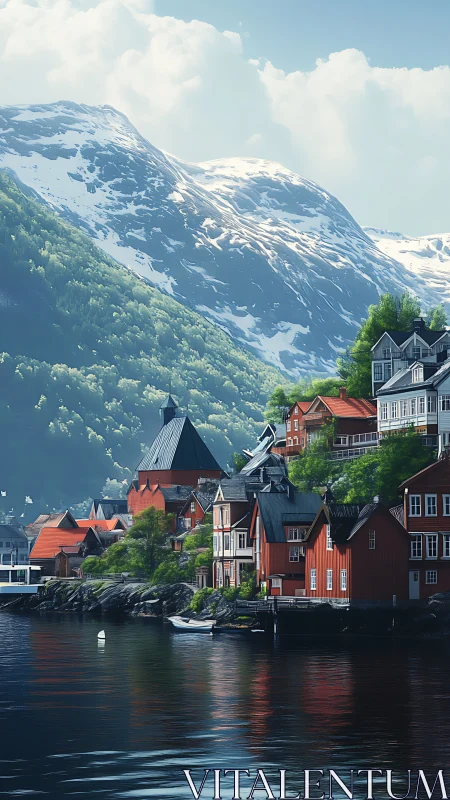 Cozy fjord village resting beneath sunlit snowy peaks.