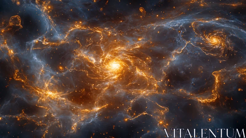 Interlaced spiral nebulae with luminous gas filaments cluster.