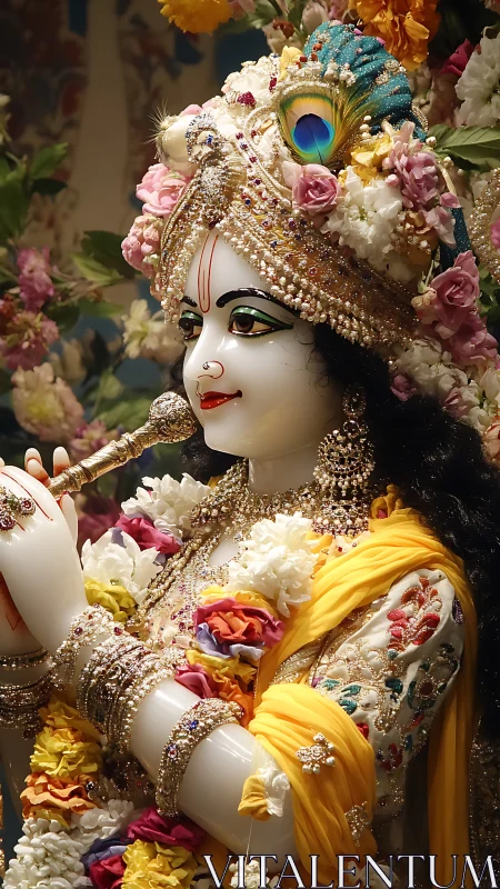 Krishna deity sculpture adorned with florals and jeweled regalia.