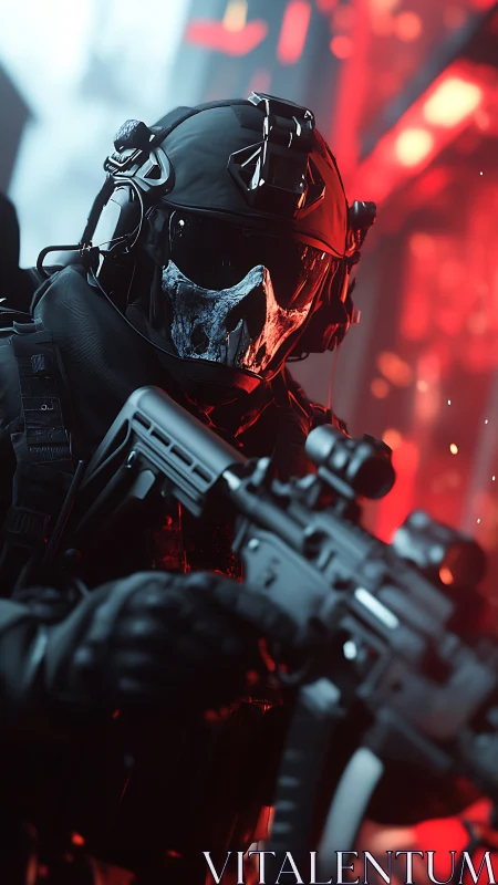 Cyberpunk tactical operative with skull mask in neon red environment.