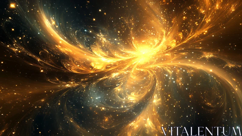 Stellar firebird curls through nebulae in molten golden arcs