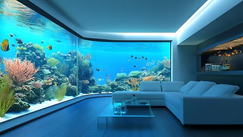 Modern interior integrates panoramic curved-wall marine aquarium