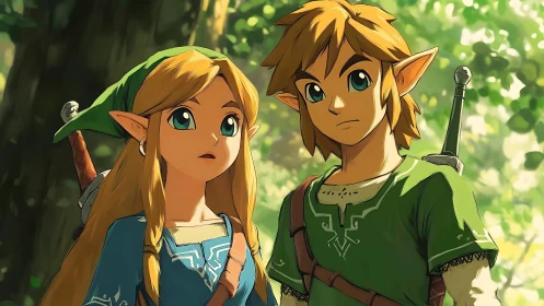 Forest-bound elf companions pause in a sunlit moment.