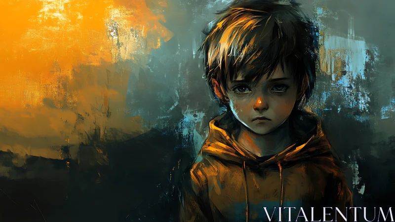 Melancholic boy in hooded sweatshirt amid abstract light field.