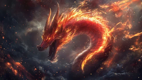 Blazing fire dragon coils through stormy embers in midair