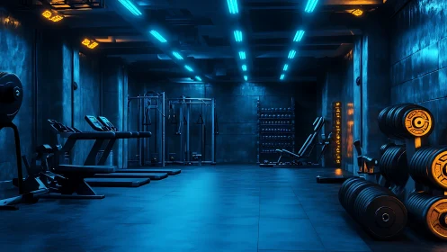 Neon blue industrial gym interior with strength training gear