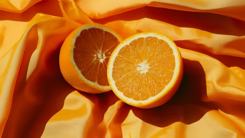 Sliced orange halves resting on vibrant satin fabric.