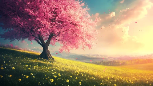 Spectral springtime cherry tree on sunlit gradient hillside.