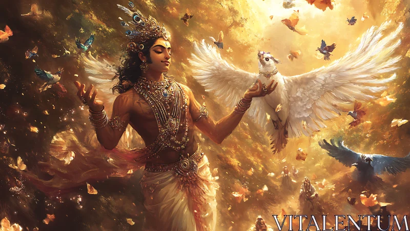 Divine figure with doves in radiant golden atmosphere.