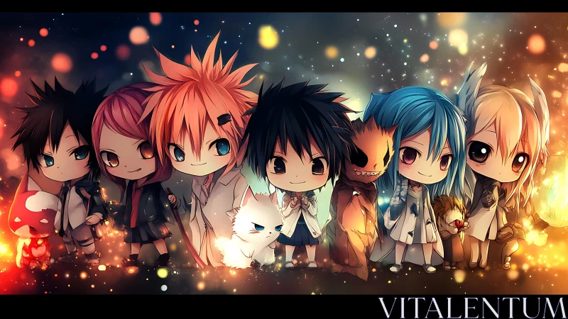 Chibi-style group portrait depicts eight stylized characters