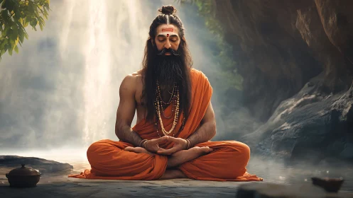 Yogi in orange robes meditates before misty waterfall.