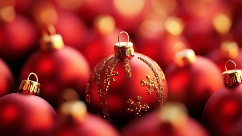 Macro focus on glittered red Christmas baubles cluster.