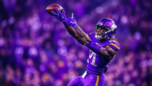Football player leaps under stadium lights to secure catch