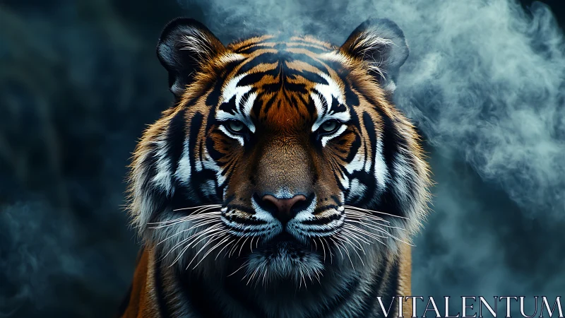 Majestic tiger stares through swirling blue smoke in silence