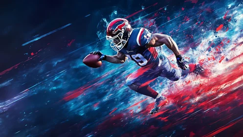 Dynamic football runner in neon motion trail composition.