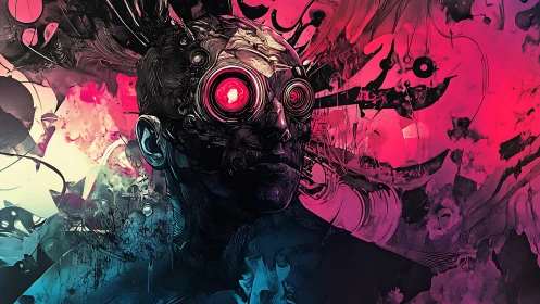 Cybernetic hallucination portrait in neon chaos field.