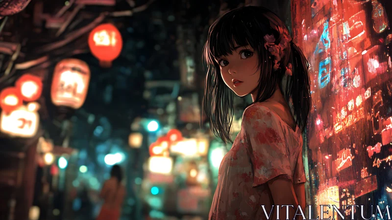 Young figure stands in neon alleyway with lanterns lit