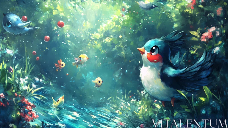 Luminous forest aviary with stylized songbird focal geometry.