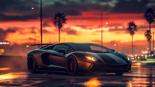 Low-angle view of black sports car on wet city street.