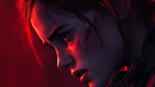 Side-lit wounded face uses dramatic red rim light and microdetail