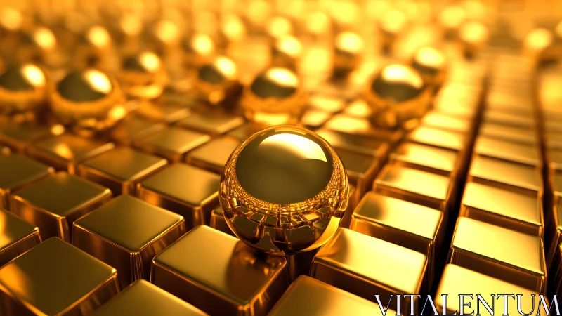 Golden sphere ascends above molten grid of gleaming cubes.