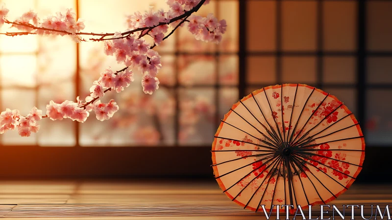 Japanese parasol and cherry blossoms in soft evening light.