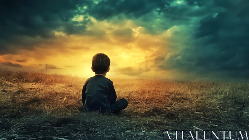 Child in dried grassland observing dramatic storm-lit sunset